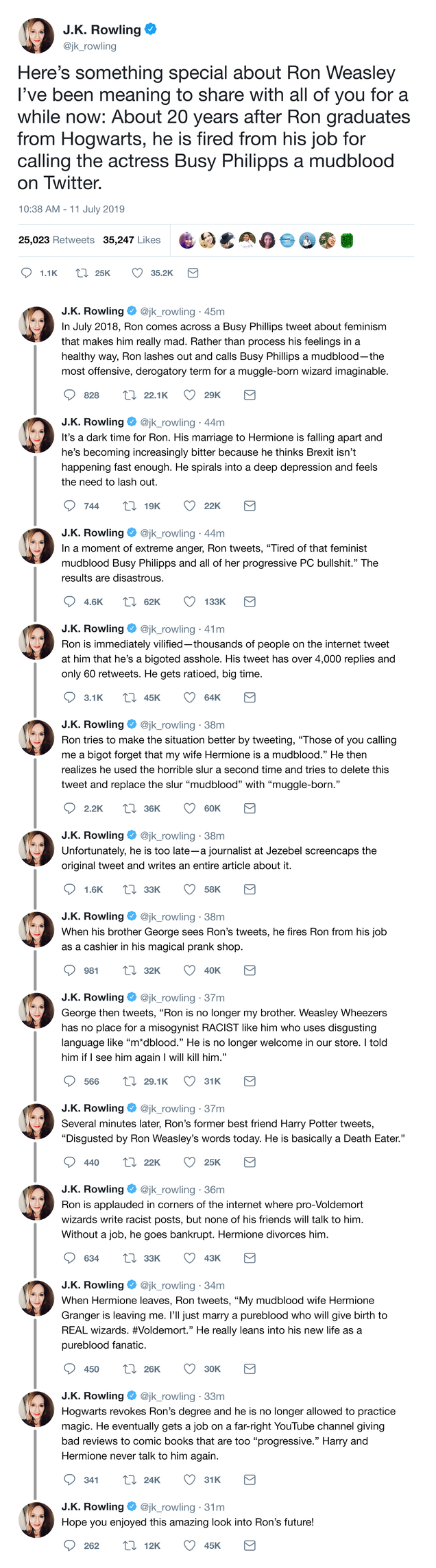 Illustration for article titled The Saga Continues: J.K. Rowling Has Revealed That Ron Eventually Loses His Job For Calling Busy Philipps A Mudblood On Twitter
